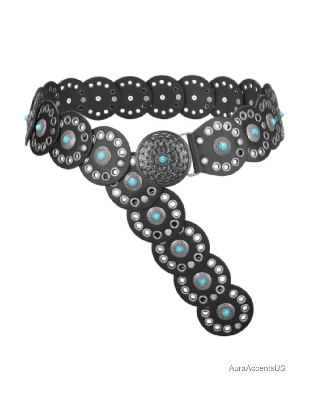 Western Concho Disc Belt with Turquoise – Vintage Cowgirl Leather Belt for